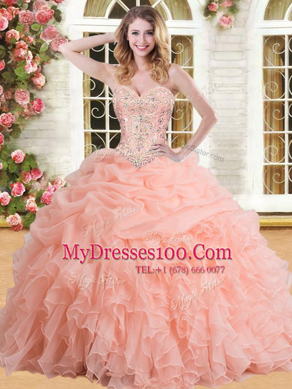 Traditional Pick Ups Peach Sleeveless Organza Lace Up Quinceanera Dresses for Military Ball and Sweet 16 and Quinceanera