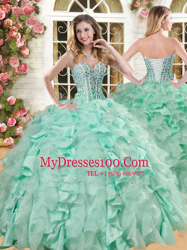 Adorable Apple Green Sweetheart Lace Up Beading and Ruffles Quinceanera Dress Sleeveless