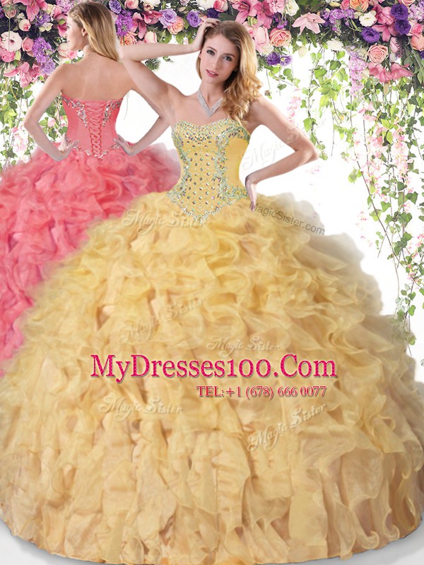 Gold Organza Lace Up 15 Quinceanera Dress Sleeveless Floor Length Beading and Ruffles