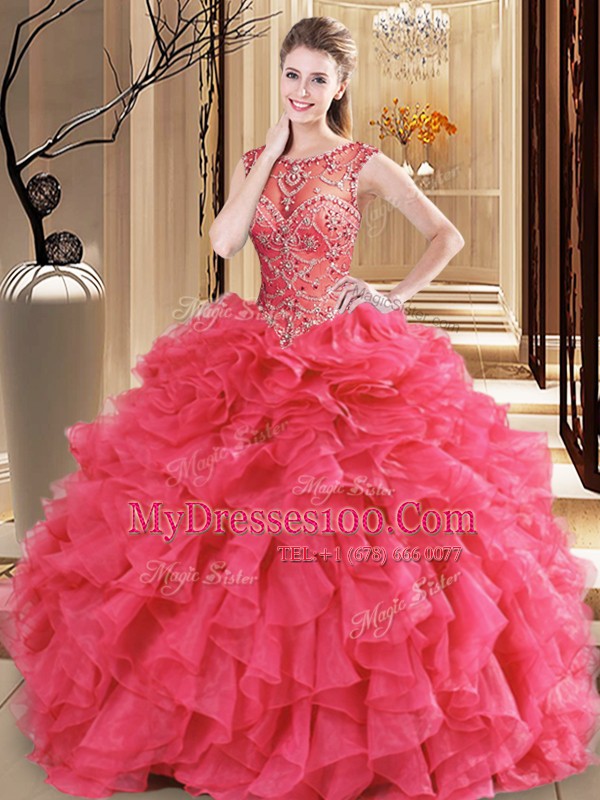 Sumptuous Scoop Sleeveless Lace Up Floor Length Beading and Ruffles Ball Gown Prom Dress