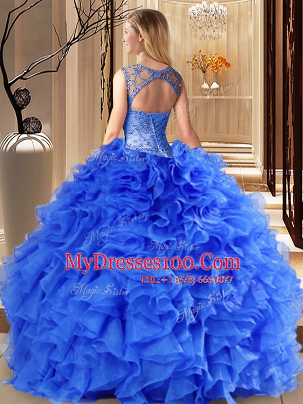 Sumptuous Scoop Sleeveless Lace Up Floor Length Beading and Ruffles Ball Gown Prom Dress