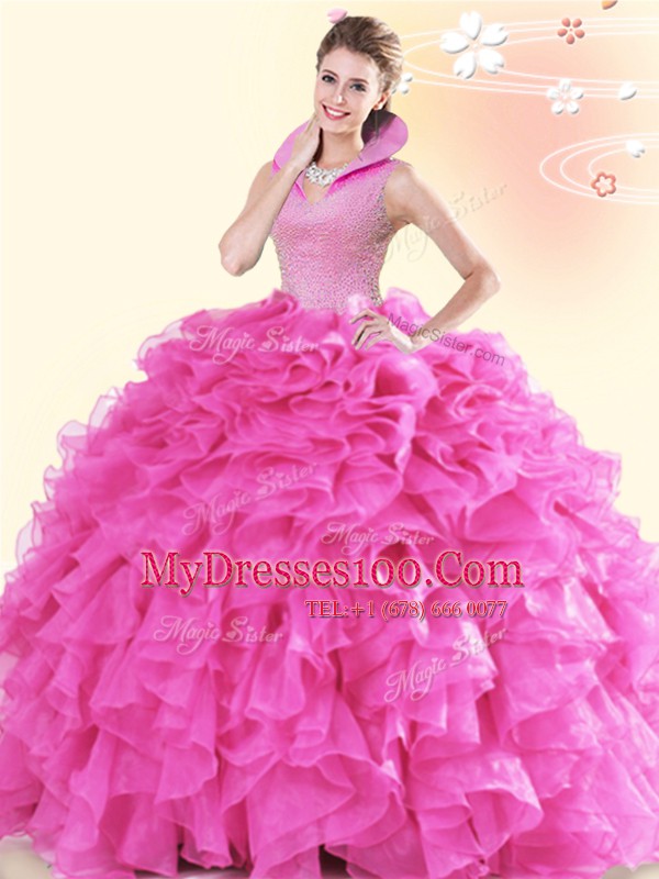 Hot Pink Ball Gowns High-neck Sleeveless Organza Floor Length Backless Beading and Ruffles 15th Birthday Dress
