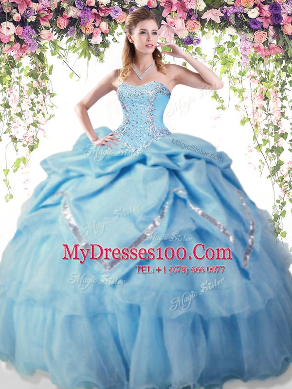 Baby Blue Lace Up Sweetheart Beading and Pick Ups Quinceanera Dress Organza and Taffeta Sleeveless