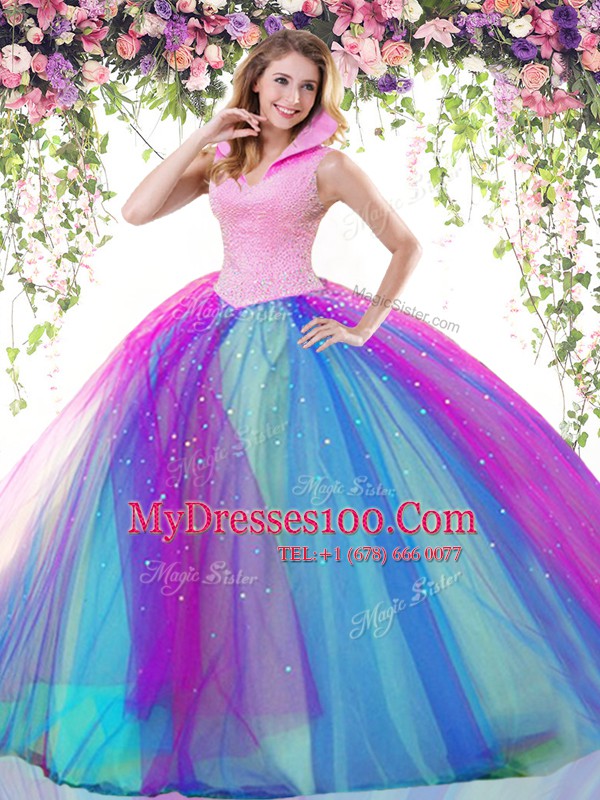 Multi-color Backless Beading Sweet 16 Dresses Sleeveless