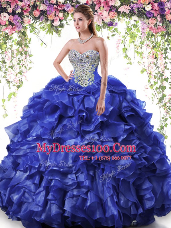 Royal Blue Ball Gowns Organza Sweetheart Sleeveless Beading and Ruffles Floor Length Lace Up Quince Ball Gowns