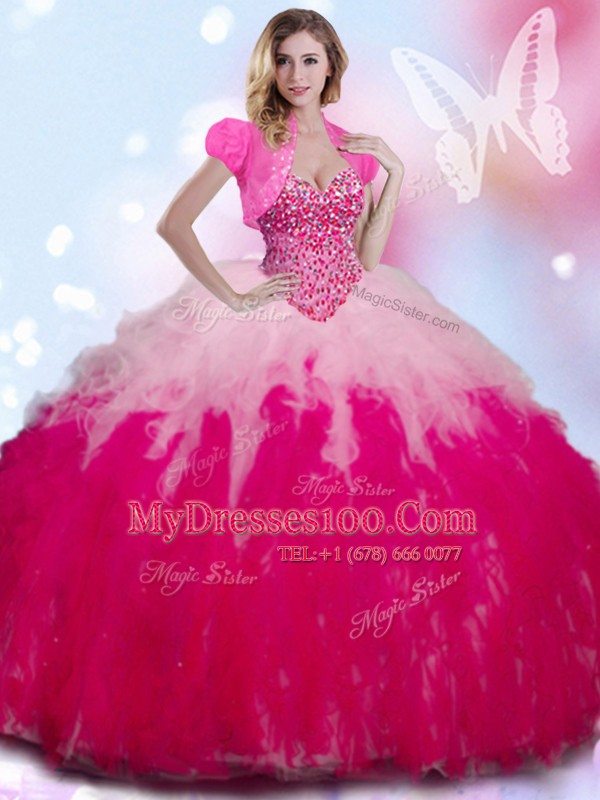 Four Piece Sleeveless Floor Length Beading and Ruffles Lace Up Ball Gown Prom Dress with Multi-color
