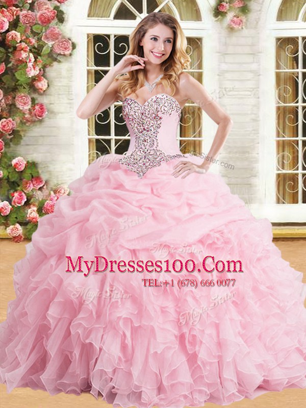 Organza Sweetheart Sleeveless Lace Up Appliques and Ruffles and Pick Ups Ball Gown Prom Dress in Baby Pink