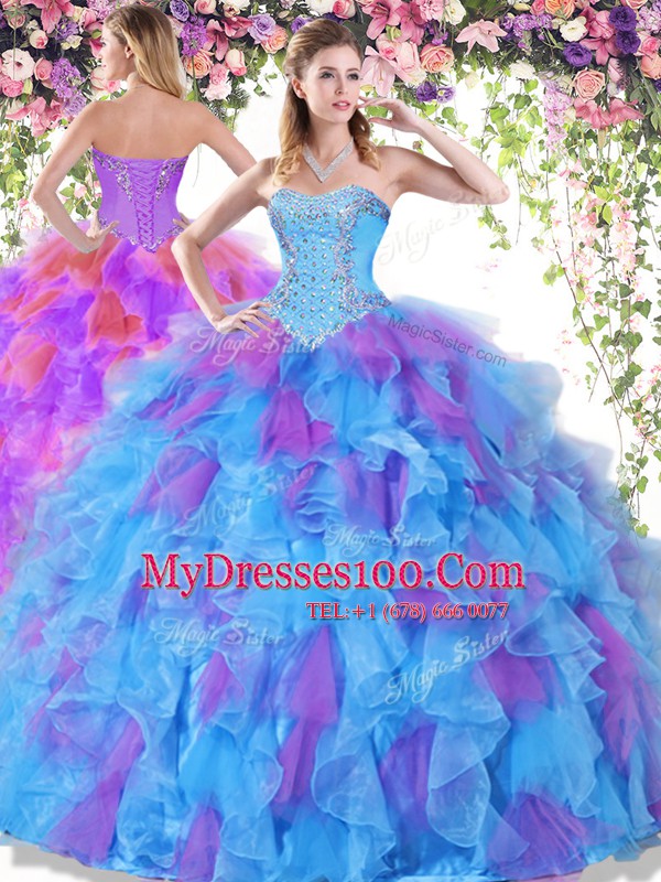 Smart Multi-color Ball Gowns Sweetheart Sleeveless Organza Floor Length Lace Up Beading and Ruffles Quinceanera Dresses