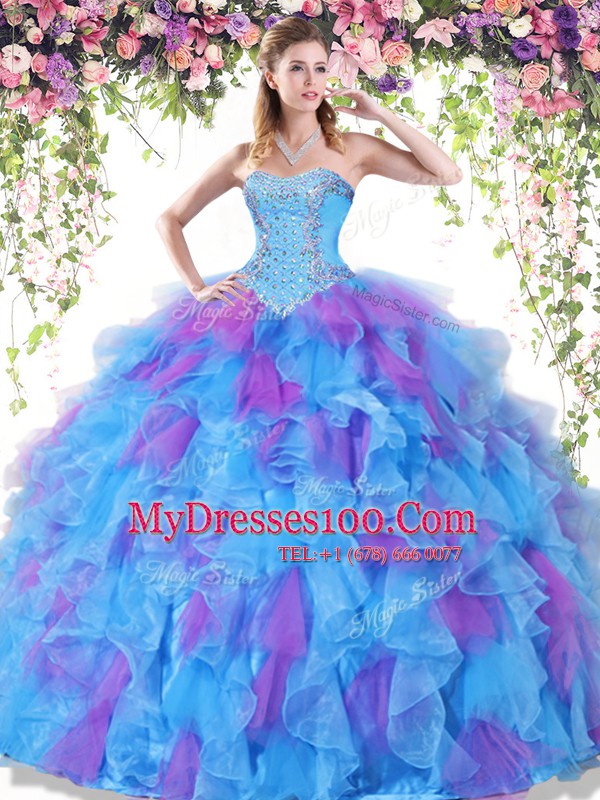 Smart Multi-color Ball Gowns Sweetheart Sleeveless Organza Floor Length Lace Up Beading and Ruffles Quinceanera Dresses