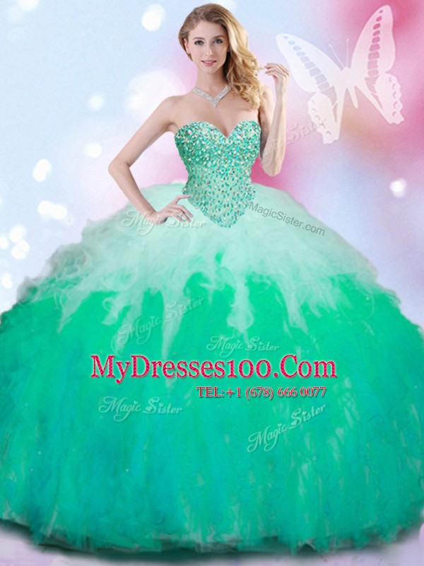 Hot Sale Sweetheart Sleeveless Lace Up Quince Ball Gowns Multi-color Tulle