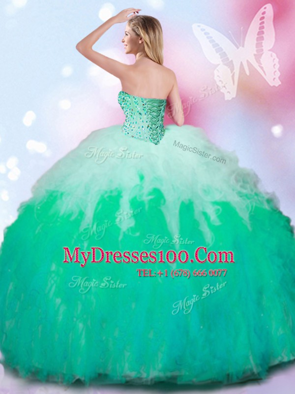 Hot Sale Sweetheart Sleeveless Lace Up Quince Ball Gowns Multi-color Tulle