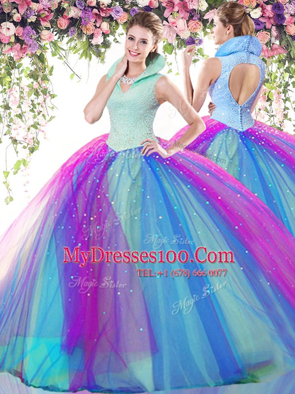 Comfortable Multi-color Ball Gowns High-neck Sleeveless Tulle Floor Length Backless Beading Sweet 16 Quinceanera Dress