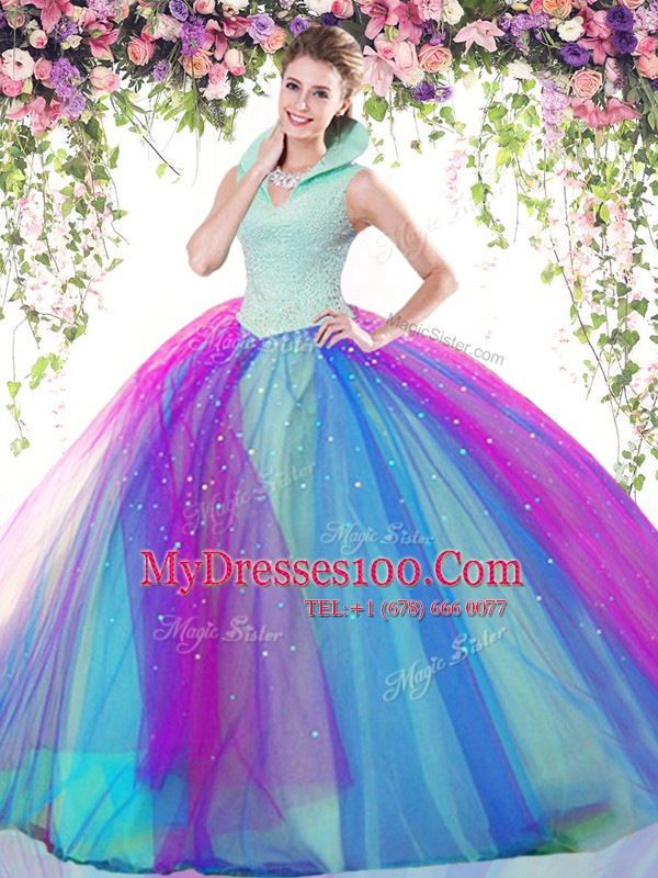 Comfortable Multi-color Ball Gowns High-neck Sleeveless Tulle Floor Length Backless Beading Sweet 16 Quinceanera Dress