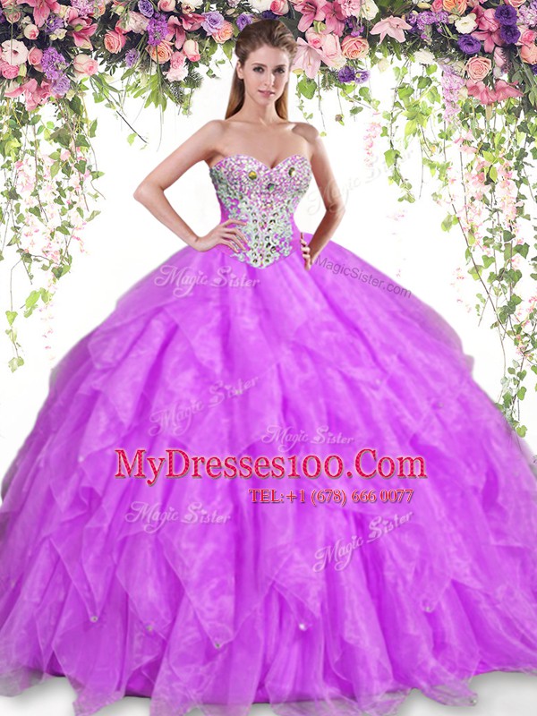 Affordable Purple Sweetheart Neckline Beading and Ruffles Sweet 16 Dresses Sleeveless Lace Up