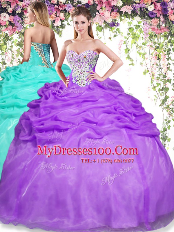 Suitable Organza Sleeveless Floor Length Vestidos de Quinceanera and Beading and Pick Ups