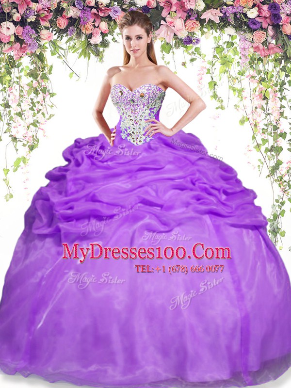 Suitable Organza Sleeveless Floor Length Vestidos de Quinceanera and Beading and Pick Ups