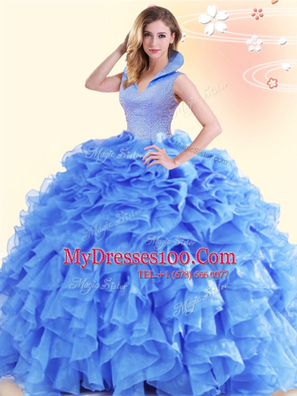 Dazzling Blue Ball Gowns Organza High-neck Sleeveless Beading and Ruffles Floor Length Backless Quinceanera Gowns