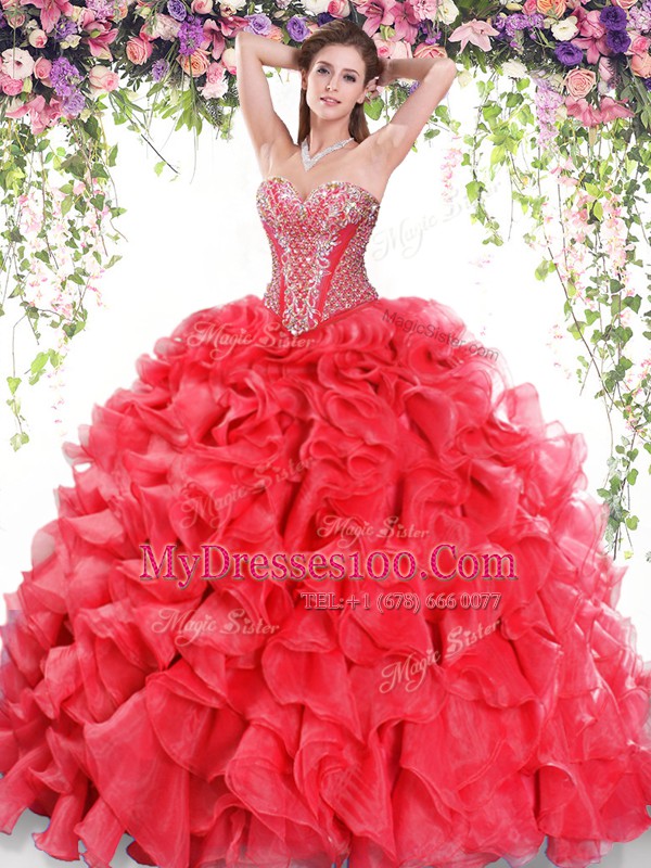 Sleeveless Beading and Ruffles Lace Up Sweet 16 Quinceanera Dress with Red Sweep Train