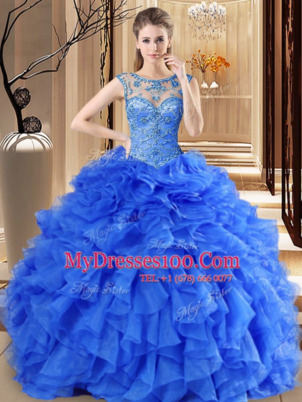 Scoop Floor Length Lace Up Quinceanera Dresses Royal Blue for Military Ball and Sweet 16 and Quinceanera with Beading and Ruffles