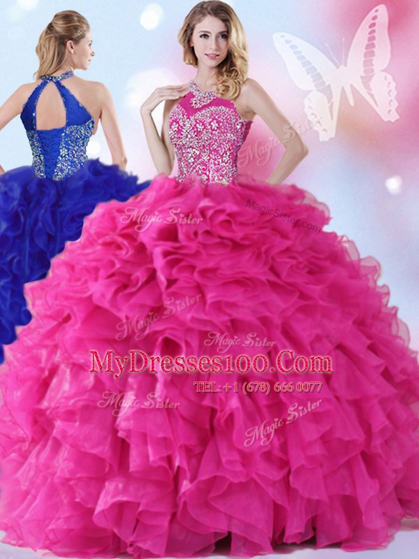 Best Selling Hot Pink Halter Top Neckline Beading and Ruffles Ball Gown Prom Dress Sleeveless Lace Up