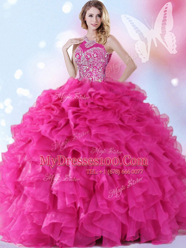 Best Selling Hot Pink Halter Top Neckline Beading and Ruffles Ball Gown Prom Dress Sleeveless Lace Up