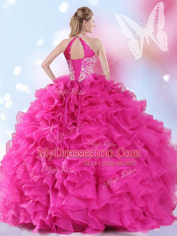 Best Selling Hot Pink Halter Top Neckline Beading and Ruffles Ball Gown Prom Dress Sleeveless Lace Up