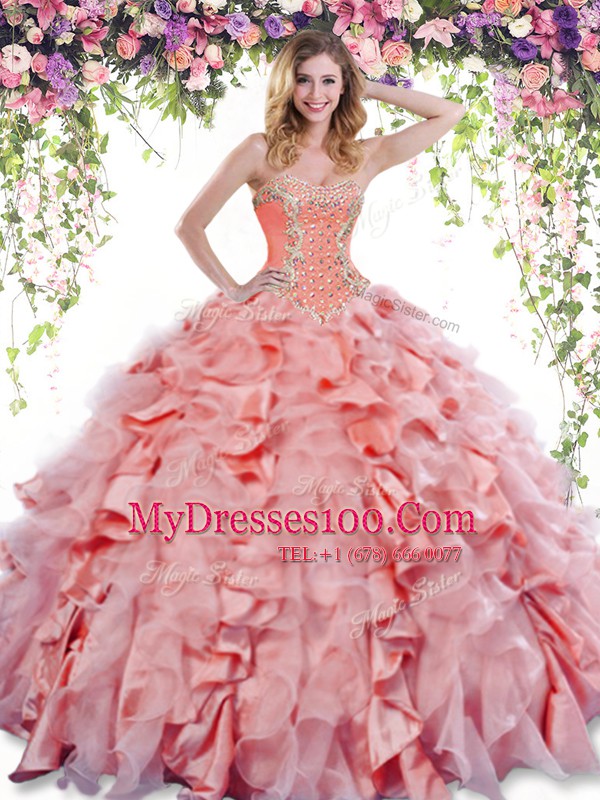 Sleeveless Organza and Taffeta Floor Length Lace Up Quinceanera Dresses in Watermelon Red with Beading and Ruffles