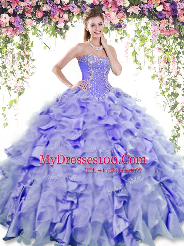 Pretty Lavender Lace Up Quinceanera Gowns Beading and Ruffles Sleeveless Floor Length
