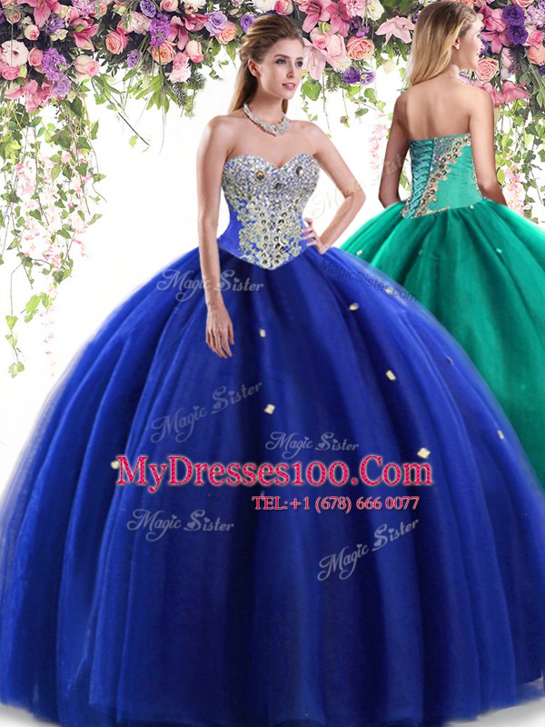 Elegant Royal Blue Ball Gowns Tulle Sweetheart Sleeveless Beading Floor Length Lace Up Sweet 16 Dress