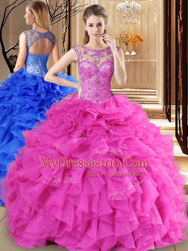 Most Popular Hot Pink Ball Gowns Organza Scoop Sleeveless Beading and Ruffles Floor Length Lace Up Vestidos de Quinceanera