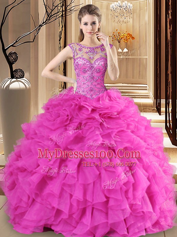 Most Popular Hot Pink Ball Gowns Organza Scoop Sleeveless Beading and Ruffles Floor Length Lace Up Vestidos de Quinceanera