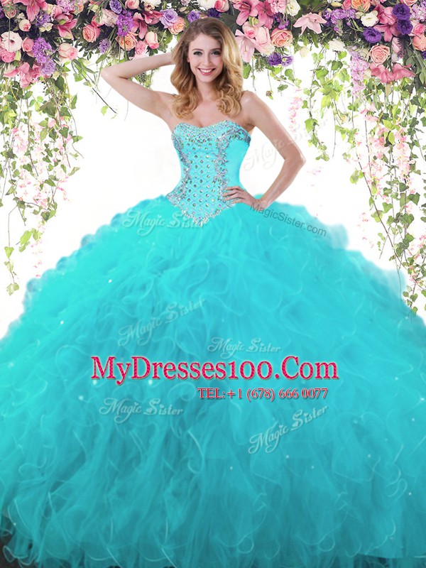 Fashionable Teal Ball Gowns Organza and Tulle Sweetheart Sleeveless Beading and Ruffles Floor Length Lace Up 15th Birthday Dress