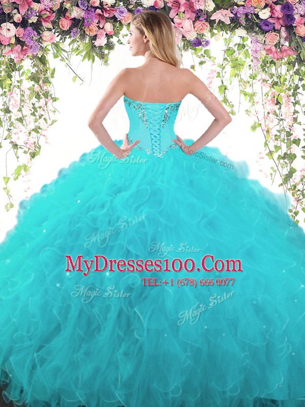 Fashionable Teal Ball Gowns Organza and Tulle Sweetheart Sleeveless Beading and Ruffles Floor Length Lace Up 15th Birthday Dress