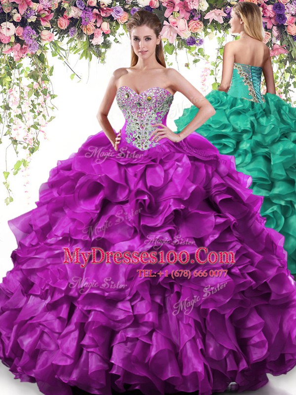 Top Selling Sleeveless Organza Floor Length Lace Up Sweet 16 Quinceanera Dress in Purple with Beading and Ruffles
