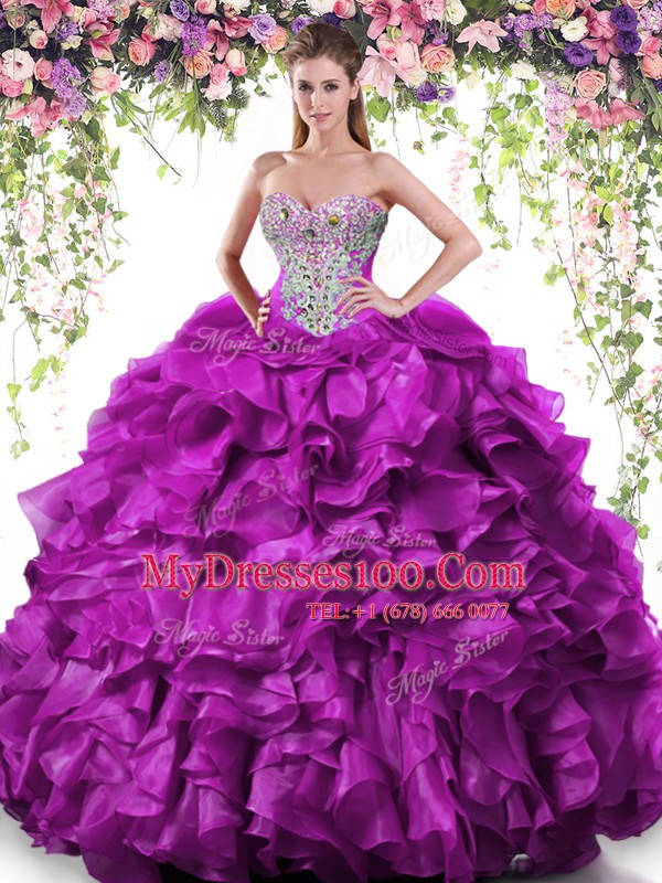Top Selling Sleeveless Organza Floor Length Lace Up Sweet 16 Quinceanera Dress in Purple with Beading and Ruffles