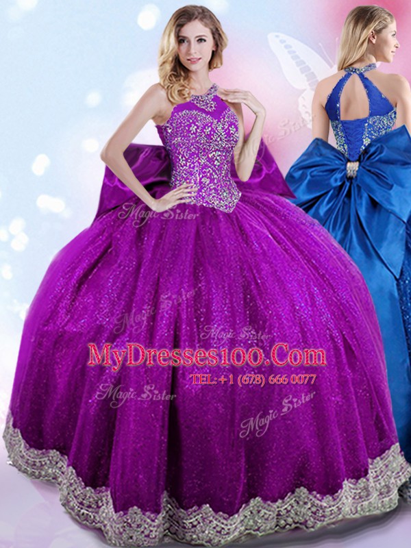 Fancy Halter Top Sleeveless Taffeta Quinceanera Dresses Beading and Bowknot Lace Up