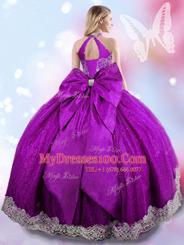 Fancy Halter Top Sleeveless Taffeta Quinceanera Dresses Beading and Bowknot Lace Up
