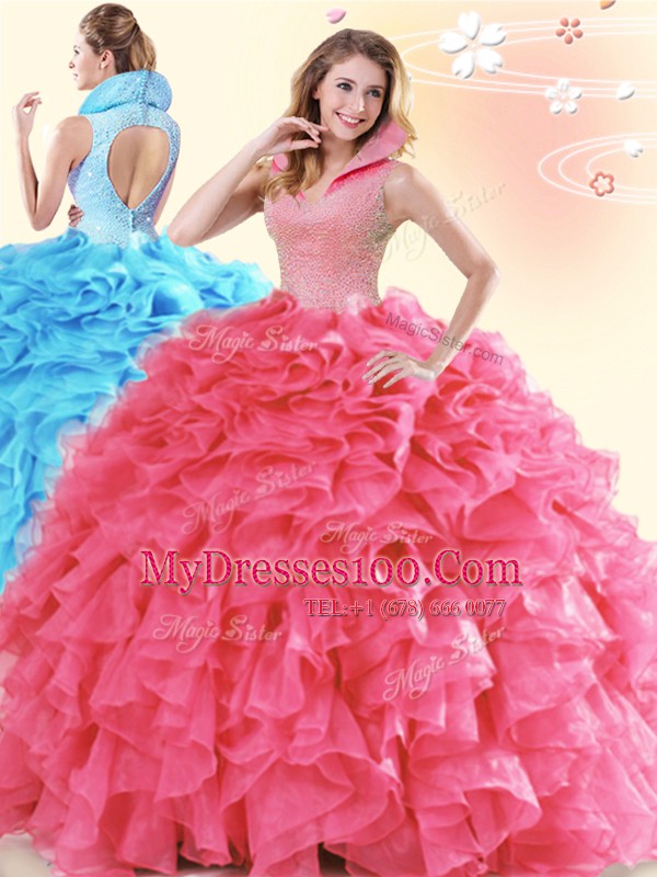 Floor Length Coral Red Sweet 16 Dress High-neck Sleeveless Backless