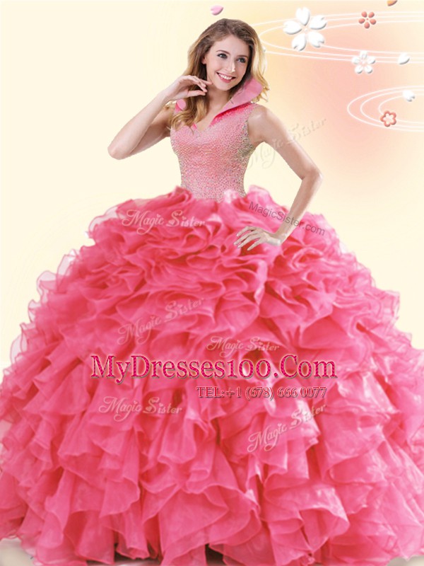 Floor Length Coral Red Sweet 16 Dress High-neck Sleeveless Backless