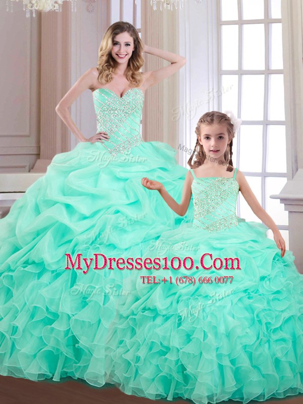 Apple Green Organza Lace Up Sweetheart Sleeveless Floor Length 15th Birthday Dress Beading and Ruffles and Pick Ups