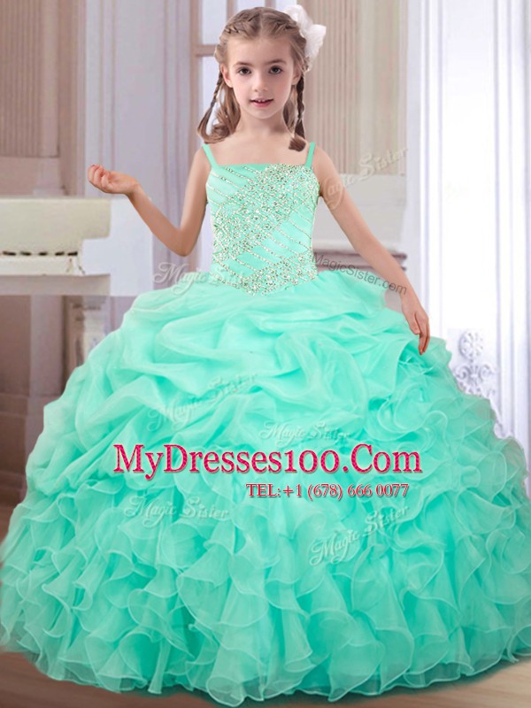 Apple Green Organza Lace Up Sweetheart Sleeveless Floor Length 15th Birthday Dress Beading and Ruffles and Pick Ups