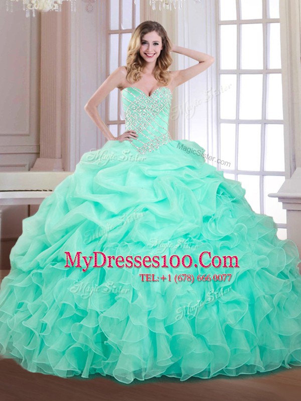 Apple Green Organza Lace Up Sweetheart Sleeveless Floor Length 15th Birthday Dress Beading and Ruffles and Pick Ups