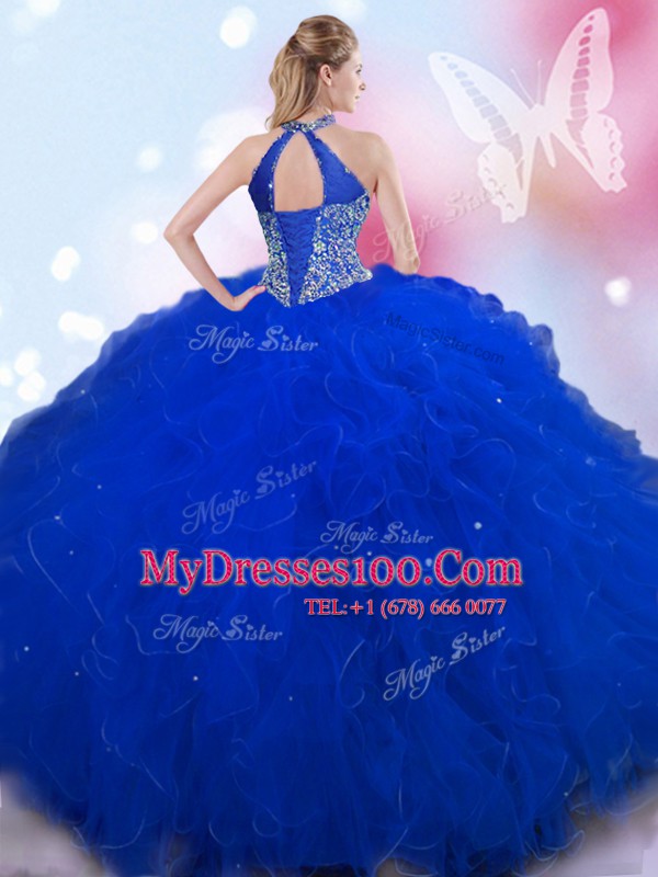 Amazing Halter Top Sleeveless Tulle Vestidos de Quinceanera Beading Lace Up