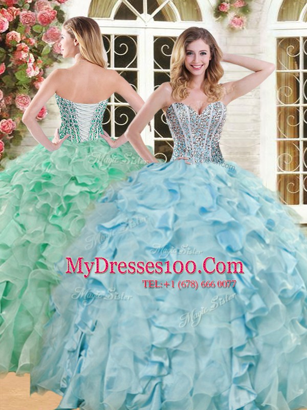 Floor Length Ball Gowns Sleeveless Light Blue Quince Ball Gowns Lace Up