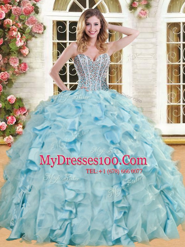 Floor Length Ball Gowns Sleeveless Light Blue Quince Ball Gowns Lace Up