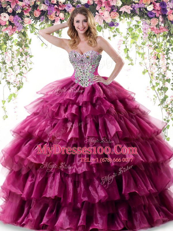 Floor Length Fuchsia Quinceanera Dresses Organza Sleeveless Beading and Ruffled Layers