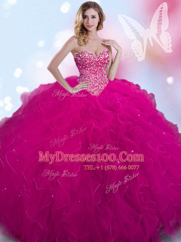 Sweetheart Sleeveless Lace Up Quinceanera Dresses Fuchsia Tulle