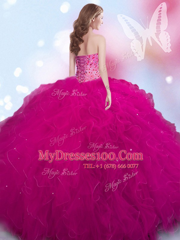 Sweetheart Sleeveless Lace Up Quinceanera Dresses Fuchsia Tulle