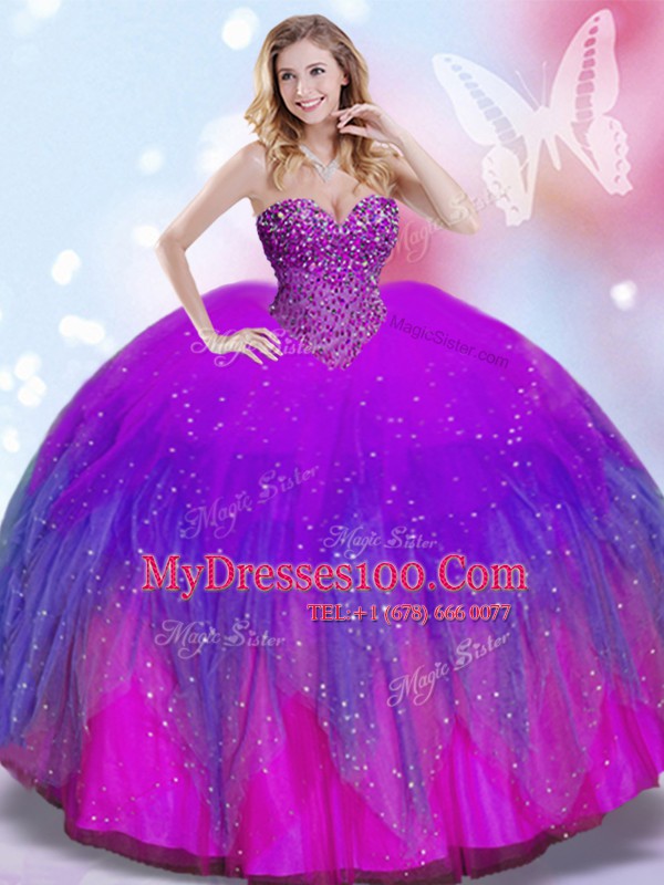 Sleeveless Floor Length Beading Lace Up Sweet 16 Quinceanera Dress with Multi-color