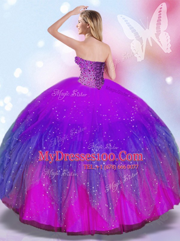 Sleeveless Floor Length Beading Lace Up Sweet 16 Quinceanera Dress with Multi-color